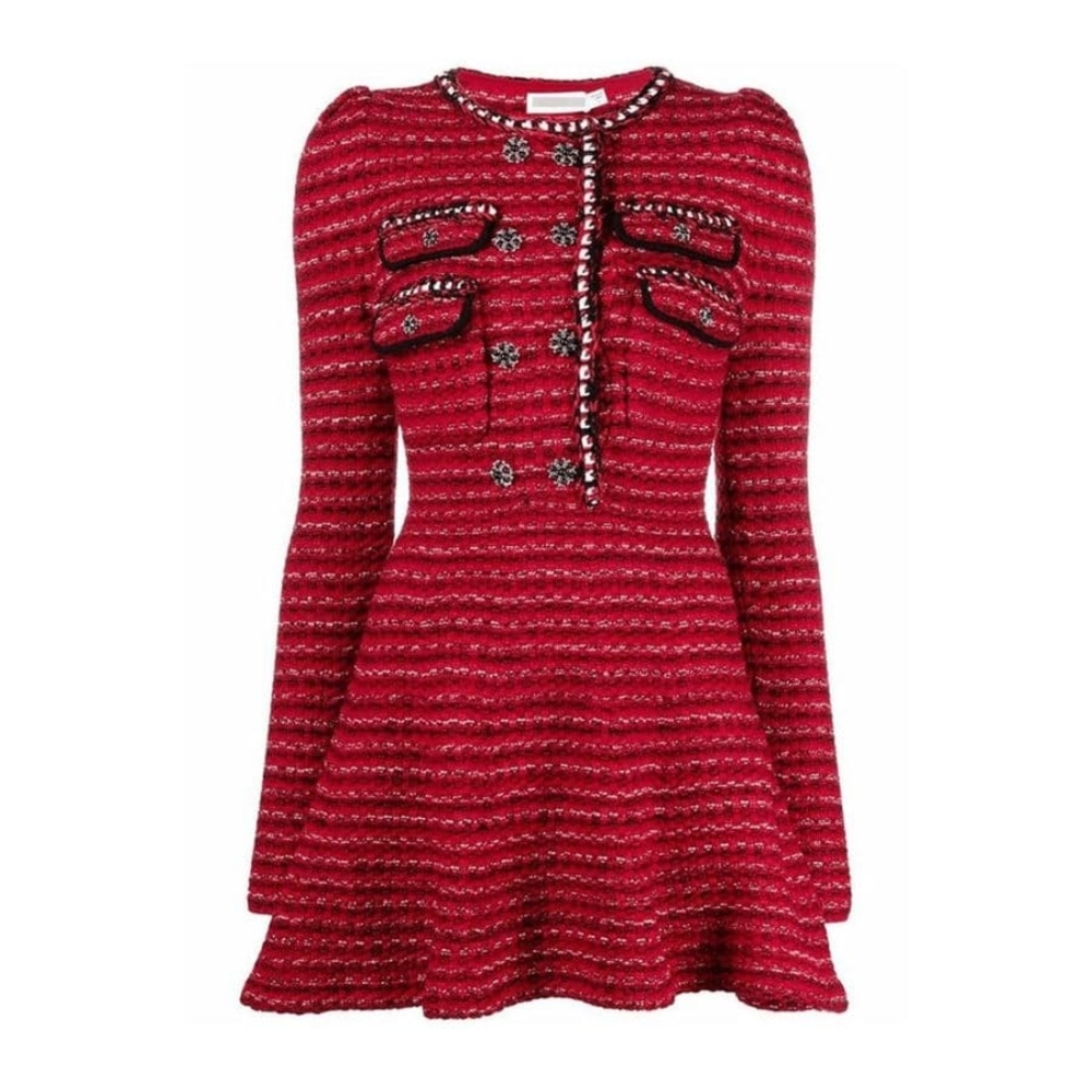 Tweed Red Knit Crystal Button Dress